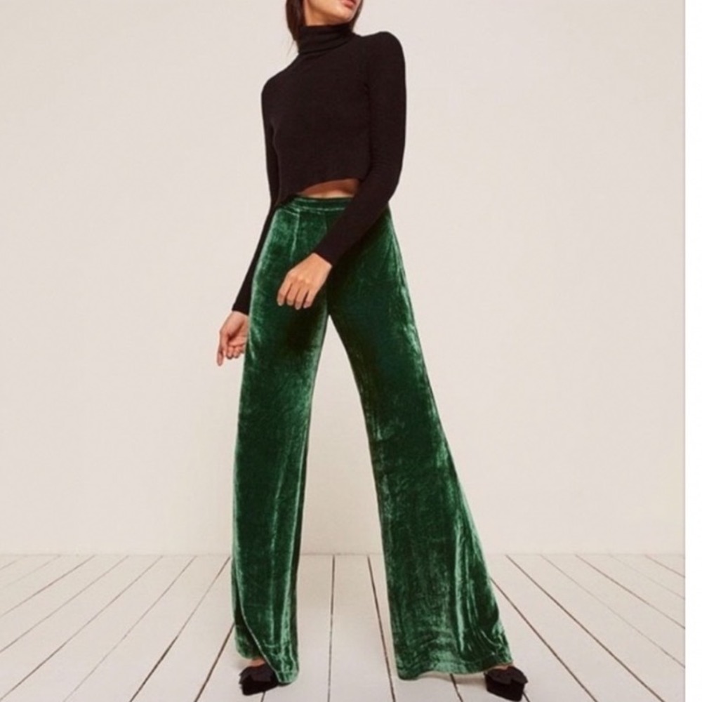 Reformation Clint Velvet Wide Leg Pants Emerald Green Silk‎ Blend High Waist 6P